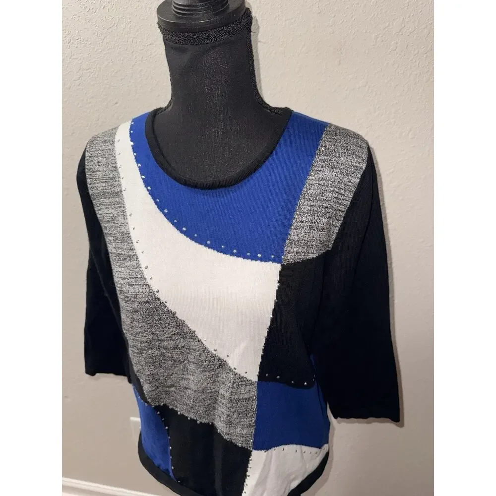 Alfred Dunner Petite Medium PM Sweater Blue Black White Colorblock Rhinestone
